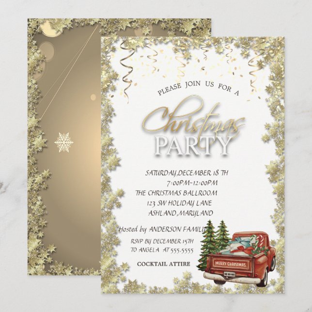 Röd lastbil tallar stjärnor julfest inbjudningar (Fram/baksida)