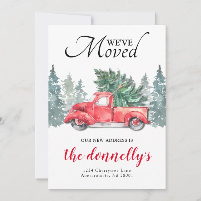 Röd lastbil vinter ny adress flyttar meddelande (Framsida)
