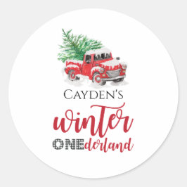 Röd lastbil vinter Onederland första födelsedagspr Runt Klistermärke