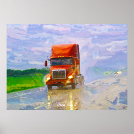 Röd lastbilhuvudväg som kör i regnakonstaffischen poster