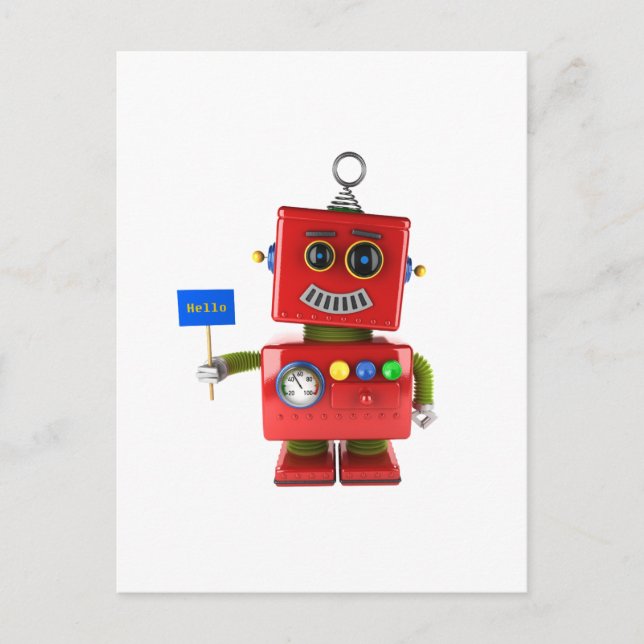 Röd leksak-robot med hej-tecken vykort (Framsida)