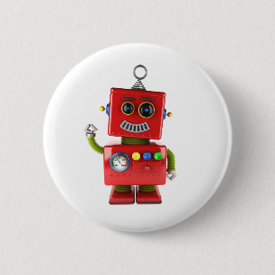 Röd leksakrobot som vinkar hejer knapp