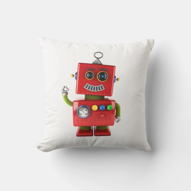 Röd leksakrobot som vinkar hejer kudde (Framsida)