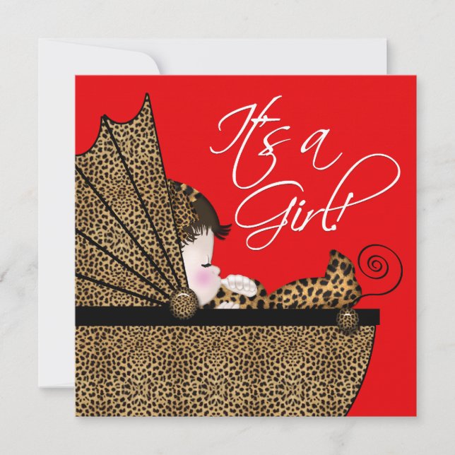 Röd Leopard Babyflicka Bebis Shower Inbjudningar (Framsida)