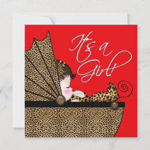 Röd Leopard Babyflicka Bebis Shower Inbjudningar