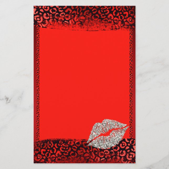 Röd Leopardyck Silver Kyss Pappersvaror Brevpapper (Framsida)