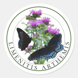 Röd Lila Butterflies på Bee Balm Runt Klistermärke