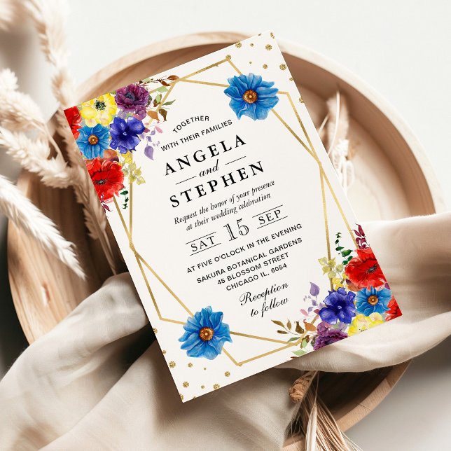 Röd, Lila och Blå sommarblommor Ram Bröllop Inbjudningar (Skapare uppladdad)