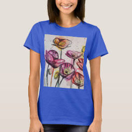 Röd Lila Rosa Poppy blom- T-shirt med akvarellkons
