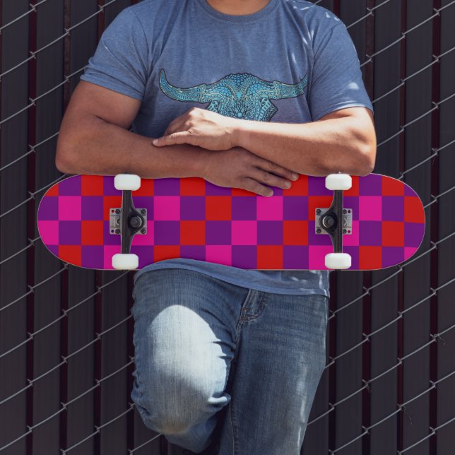 Röd Lila Rosa Rutig Mönsterdesign  Mini Skateboard Bräda 18,5 Cm (Utomhus 3)