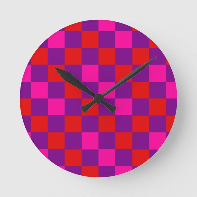 Röd Lila Rosa Rutig Mönsterdesign  Rund Klocka (Framsida)