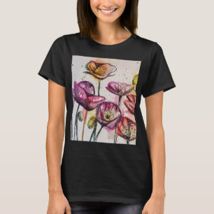 Röd Lila Rosa Vallmo blom- vattenfärg konst T Shirt