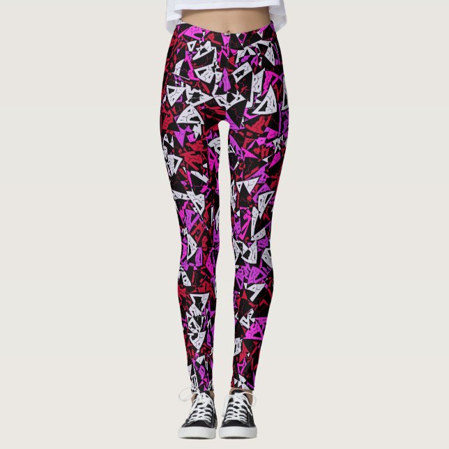 Röd Lila Triangel Mönster Leggings (Framsida)
