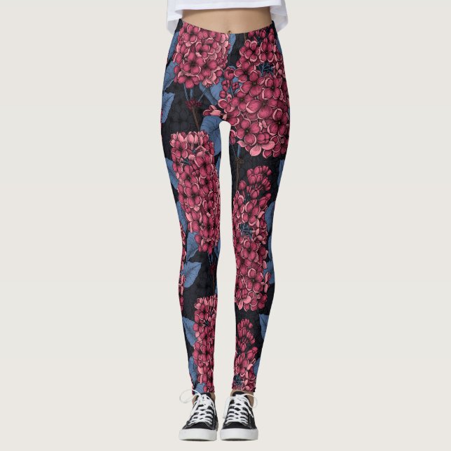 Röd lilak på mörk blått leggings (Framsida)