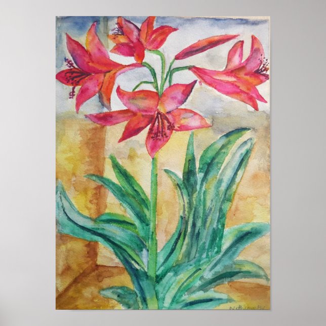 Röd Lilja Akvarell – Blommig Väggkonsttryck Poster (Framsidan)