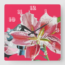 Röd lilja liljor vattenfärg blomma konst blomma  fyrkantig klocka