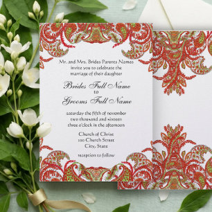 Röd, Lime & Orange Vintage Paisley Damask Bröllop Inbjudningar