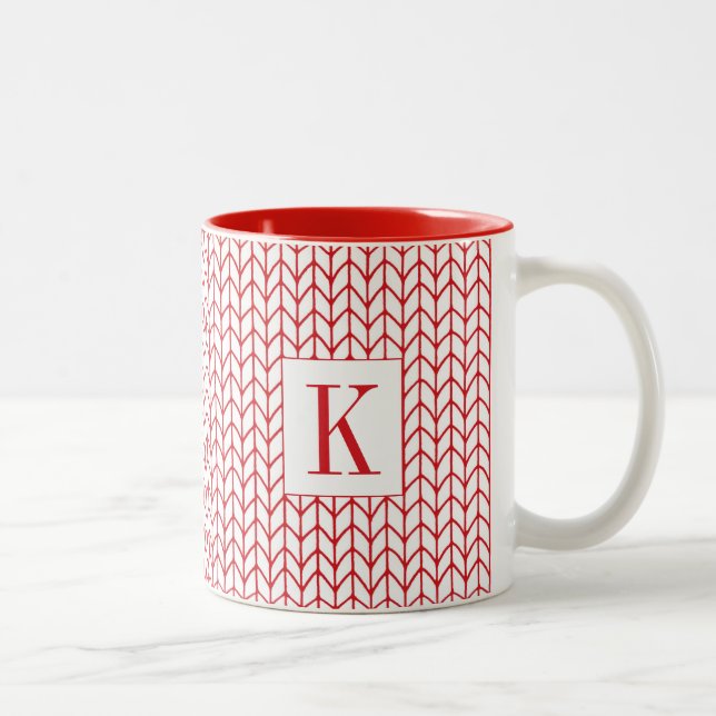 RÖD LINJE STICKAD Röd Tvåtons Mugg + Initial (Höger)