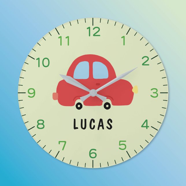 Röd liten bil Personlig väggklocka för barn (Beep beep! Time for fun! ⏰ Custom nursery clocks made just for them.)