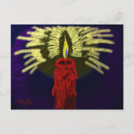 röd ljusstake med gyllene ljus, nattblå bakgrund vykort