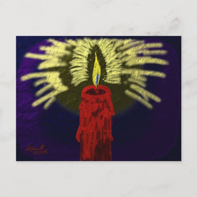 röd ljusstake med gyllene ljus, nattblå bakgrund vykort (Framsida)