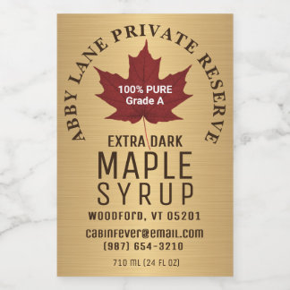 Röd Löv Pure Maple Syrup Circular Logotyp på Guld Vinetikett