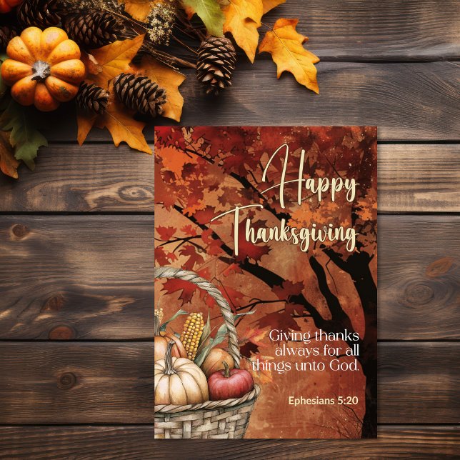 Röd lövkrona Efesierbrevet 5:20 Glad tackgivelse Kort (Leafy canopy harvest Bible verse Thanksgiving Card)