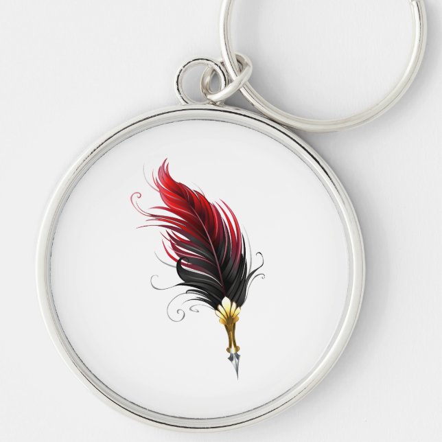 Röd luddpenna med guld nib rund silverfärgad nyckelring (Framsidan)