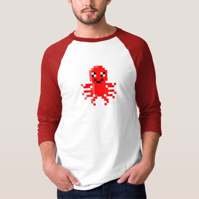 Röd lycklig PIXELtioarmad bläckfisk T-shirt (Framsida)