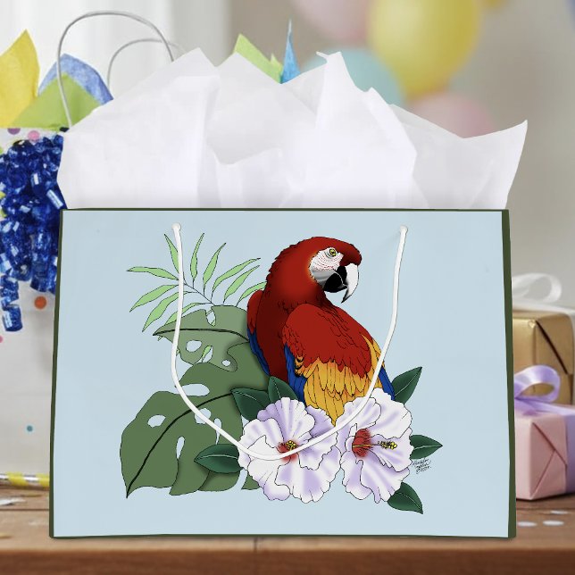 Röd Macaw Papegoja Tropisk Vit Hibiskus Blommig (Skapare uppladdad)