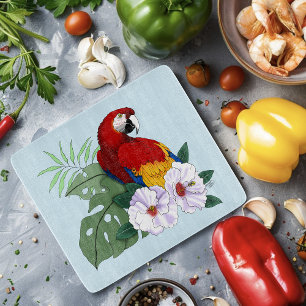 Röd Macaw Papegoja Tropisk Vit Hibiskus Blommig