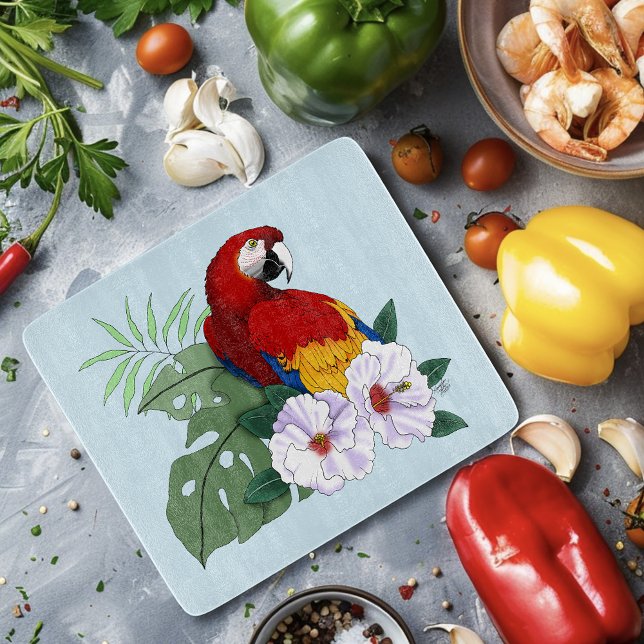 Röd Macaw Papegoja Tropisk Vit Hibiskus Blommig (Skapare uppladdad)