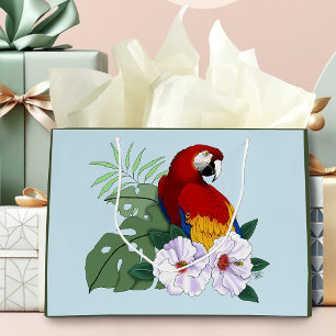 Röd Macaw Papegoja Tropisk Vit Hibiskus Blommig