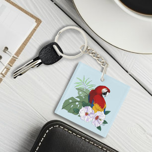 Röd Macaw Papegoja Tropisk Vit Hibiskus Blommig