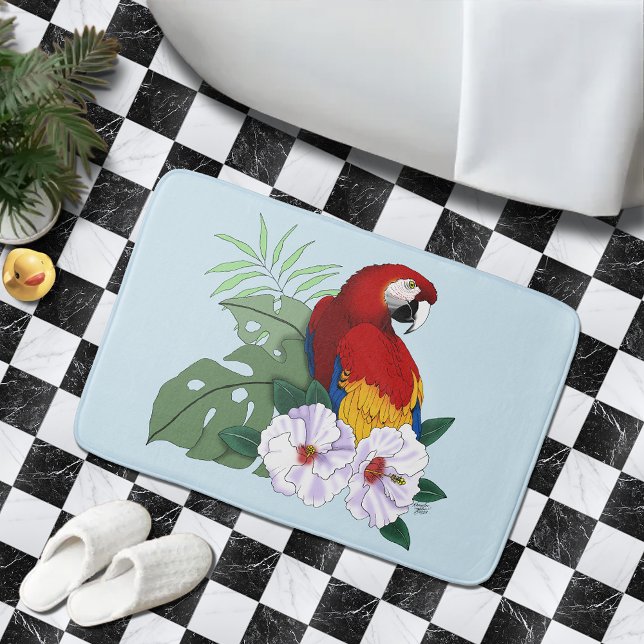 Röd Macaw Papegoja Tropisk Vit Hibiskus Blommig Badrumsmatta (Skapare uppladdad)