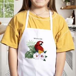 Röd Macaw Papegoja Tropisk Vit Hibiskus Blommig Barnförkläde