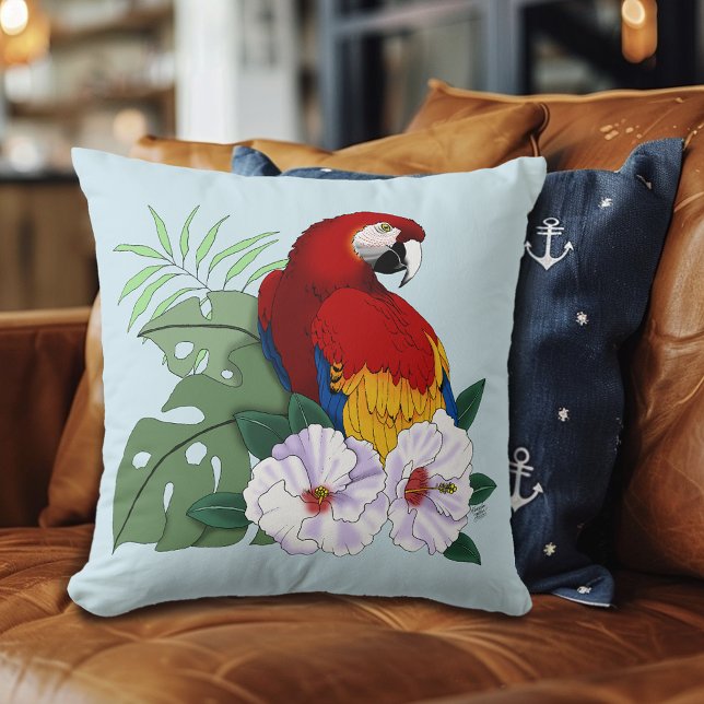 Röd Macaw Papegoja Tropisk Vit Hibiskus Blommig Kudde (Skapare uppladdad)