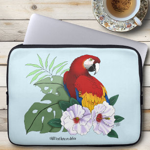 Röd Macaw Papegoja Tropisk Vit Hibiskus Blommig Laptop Fodral