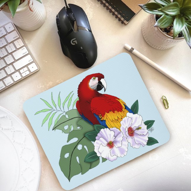 Röd Macaw Papegoja Tropisk Vit Hibiskus Blommig Musmatta (Skapare uppladdad)