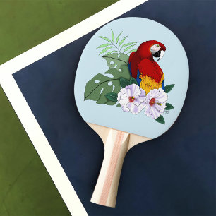 Röd Macaw Papegoja Tropisk Vit Hibiskus Blommig Pingisracket