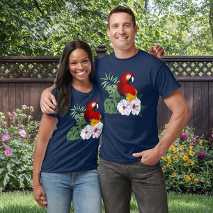 Röd Macaw Papegoja Tropisk Vit Hibiskus Blommig T Shirt
