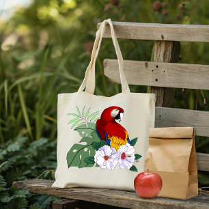 Röd Macaw Papegoja Tropisk Vit Hibiskus Blommig Tygkasse