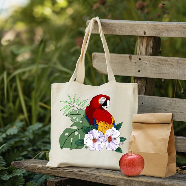 Röd Macaw Papegoja Tropisk Vit Hibiskus Blommig Tygkasse (Skapare uppladdad)