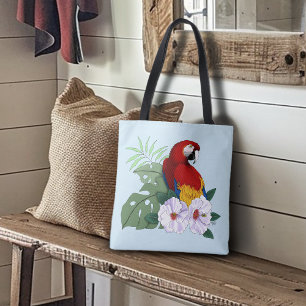 Röd Macaw Papegoja Tropisk Vit Hibiskus Blommig Tygkasse
