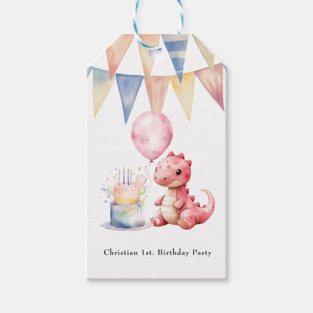 Röd målad dosinosaur One A Saurus Födelsedagsfest Presentetikett (Framsidan)