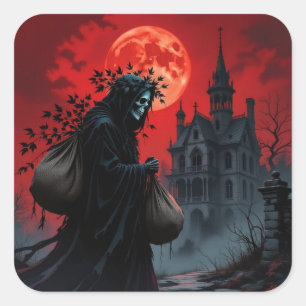 Röd Mån Halloween Fyrkantigt Klistermärke
