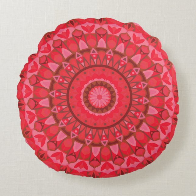 Röd Mandala Boho Varm Geometrisk Dekorativt Statem Rund Kudde (Framsidan)