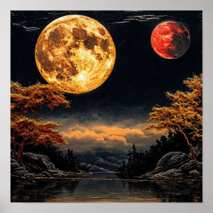 Röd måne över en sjö Dramatisk Celestial Dekor 🎁