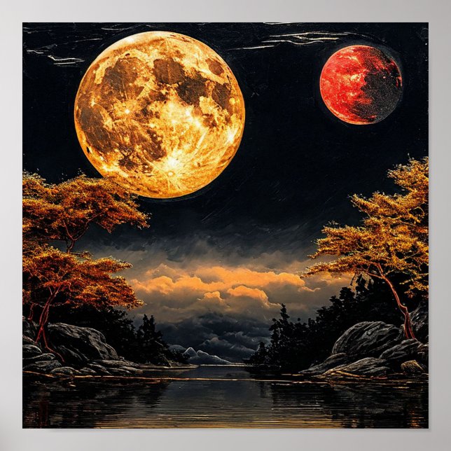 Röd måne över en sjö Dramatisk Celestial Dekor 🎁 (Framsidan)