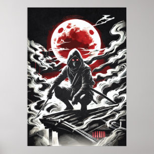 Röd Måne Shinobi - Japansk Anime Tattoo Ninja Kons Poster